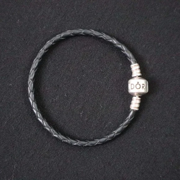 Pandora Black Braided Leather Sterling Silver Clasp Charm Bracelet - Size 6.5" - Picture 3 of 4